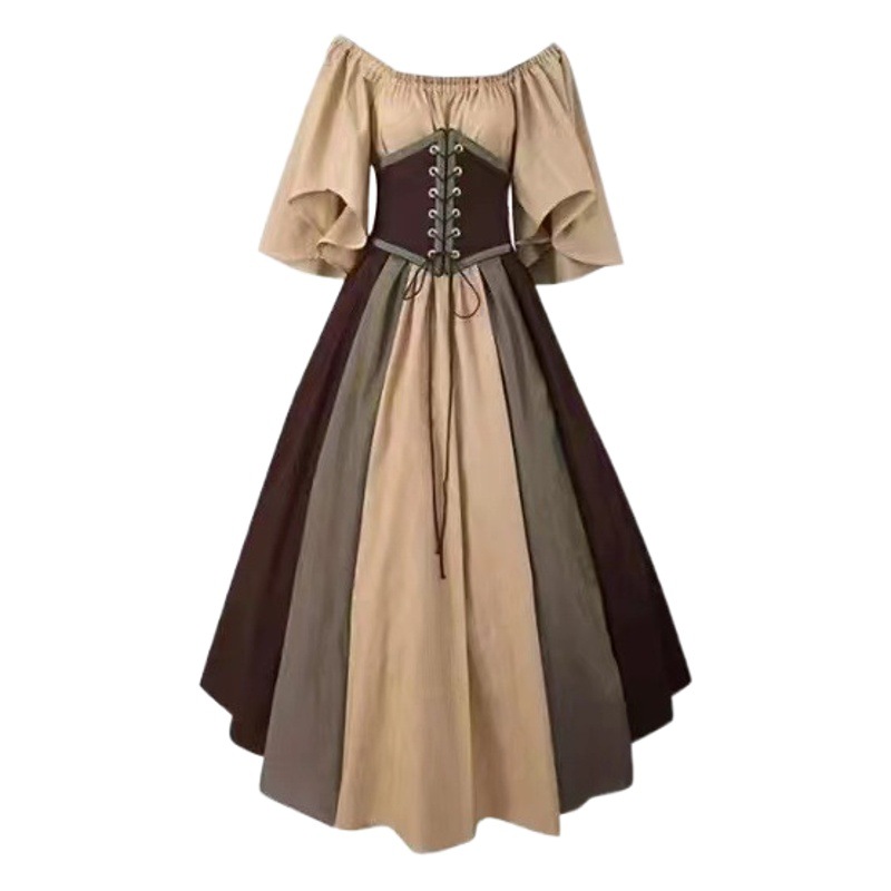 European and American Medieval Retro Contrast Color Slim Dress Flying Sleeve Large Swing Dress Shoulder dress Women's Cos Dress Performance