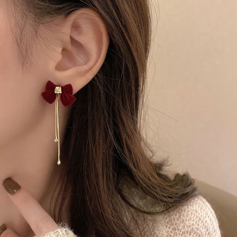 Picture of Nanhui Heng'An Red Bow Earrings, Pearl Tassel Earrings, Accessible Luxury and High-End, Long Style, Slimming Look