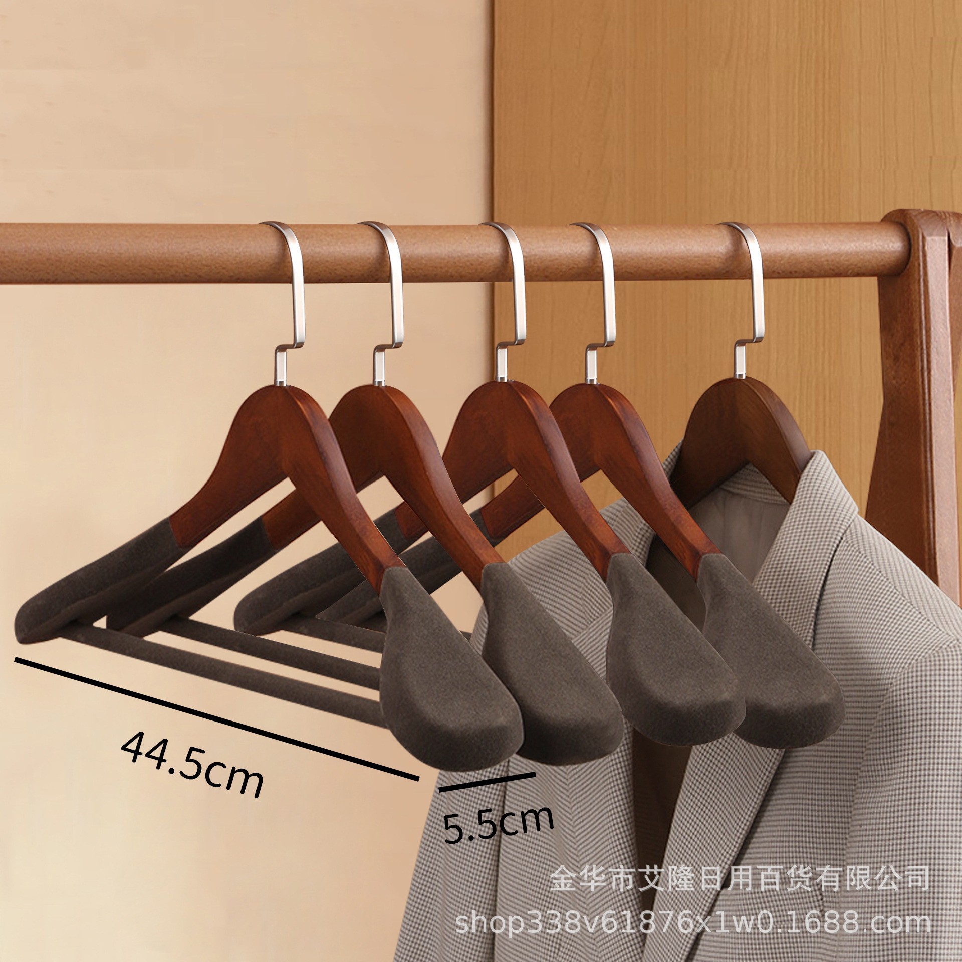 Picture of High-grade solid wood wide shoulder flocking hanger household coat suit seamless hanging clothes support solid wood hanger wholesale
