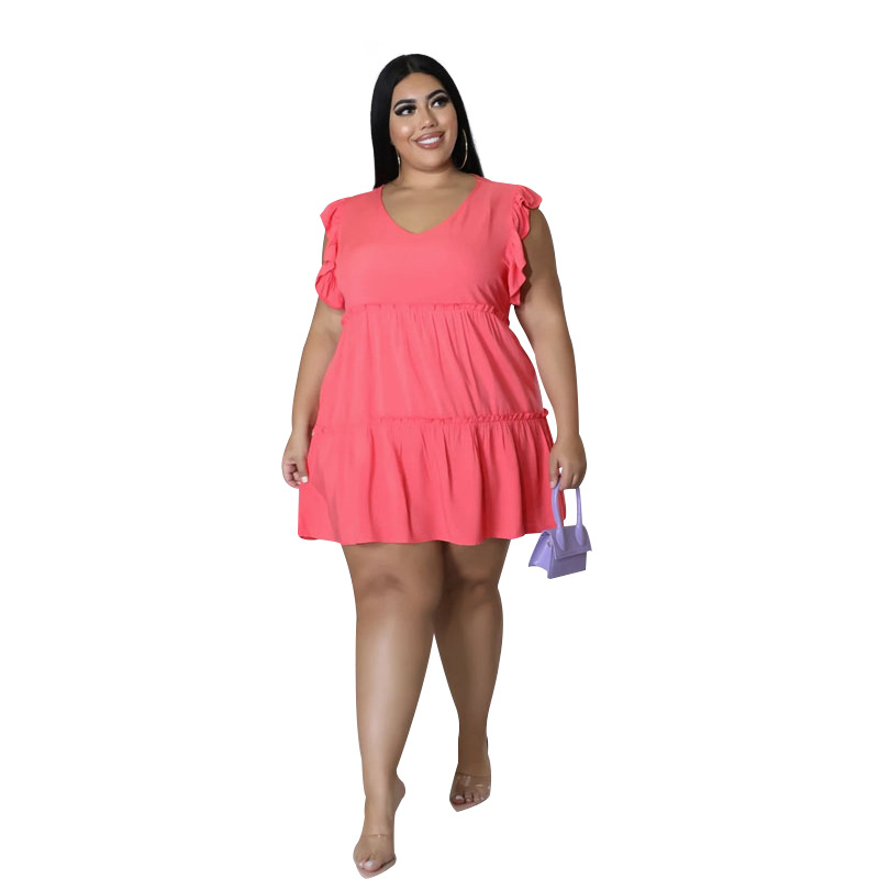 Picture of 2022 Summer New European and American Plus Size Women's Solid Color Casual V Neck Sleeveless Ruffled Pleated Short Dress