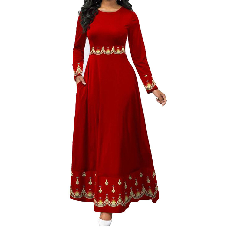 New European and American Cross-border Women's Retro Printed High Waist Large Swing Long dress Spring and Autumn Long Sleeve Dress