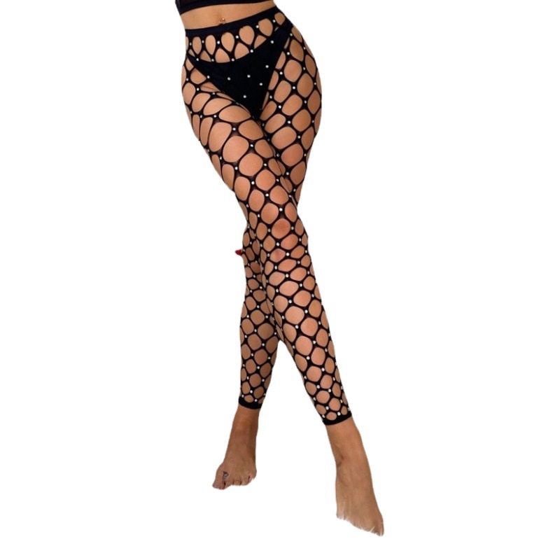 Cross-Border Exclusive Large Mesh Rhinestone Nine-Point Tights Sexy Hot-Drilled Fishnet Stockings Solid Color Slimming Pantyhose