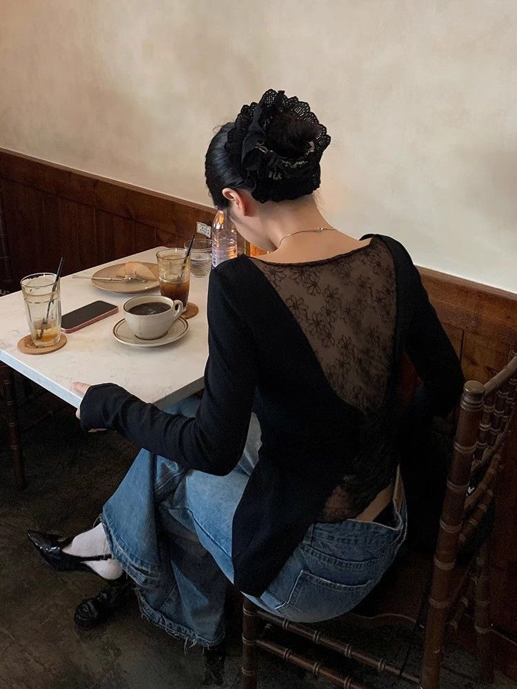 2024 American Niche Western Style Trendy Black Lace Stitching Base Shirt Women's Autumn and Winter Hot Girls Sexy Hollow T-Shirt