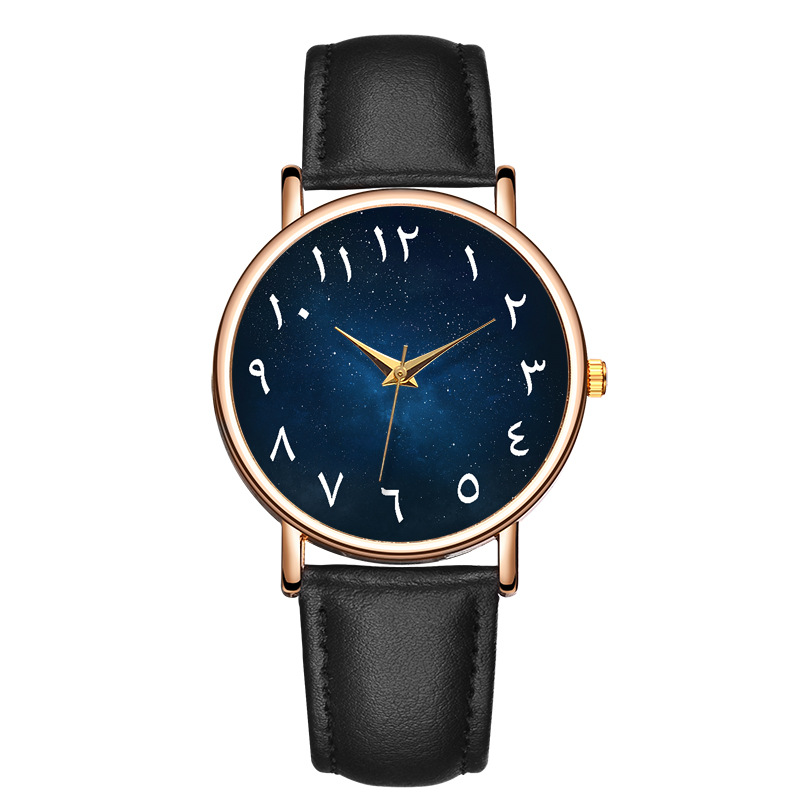 Dark Blue Starry Sky Dial Pattern Arabic Numeral Scale Gold Shell Quartz Belt Men and Women Factory Wholesale Watch