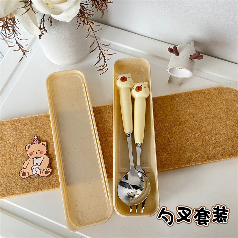 Picture of Ceramic Handle Cute Cartoon Skin Spoon Chopsticks suit Portable Tableware Cartoon Spoon Fork for Students
