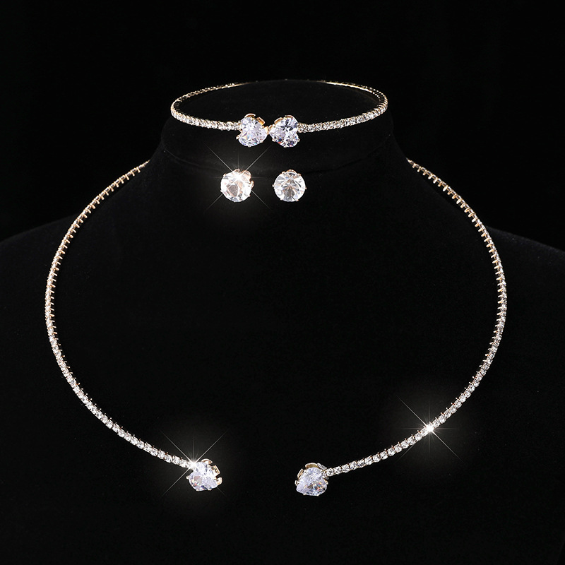 Foreign trade new pearl heart full of diamond collar Europe and the United States cross-border bride rhinestone bracelet earrings necklace three-piece suit