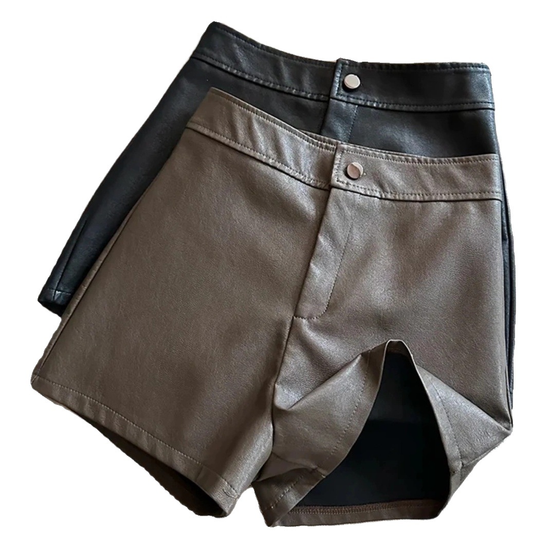 New Shorts for Women in Autumn and Winter Haining Pu Leather High-Waisted Leather Pants Slim A-Line Casual Leather Pants Wide-Leg Boot Pants