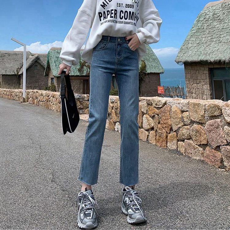 Picture of Straight Leg Jeans Women's Retro Loose High Waist Slimming 2021 New Stretch Petite Burr Edges Autumn