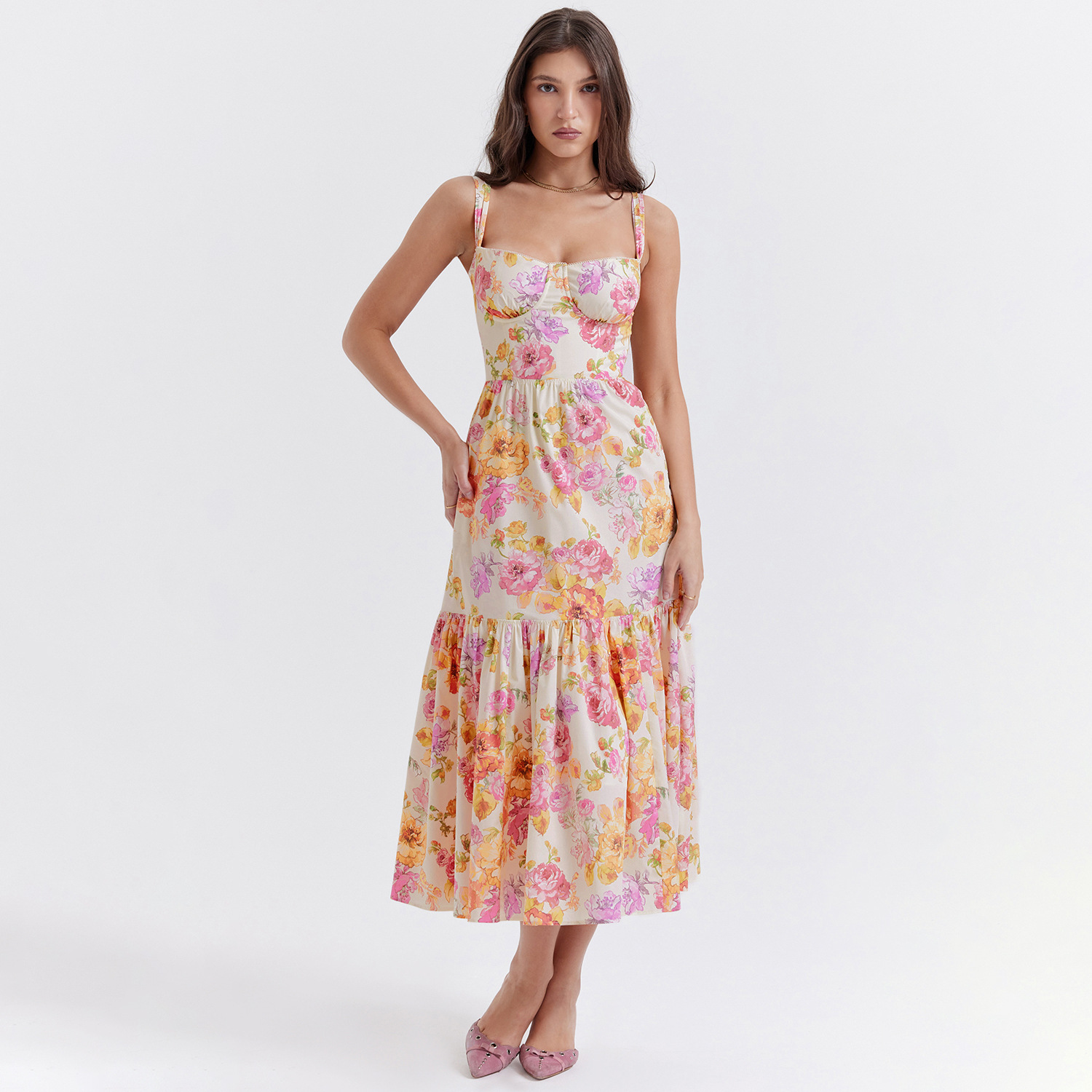 Cross-border foreign trade European and American style summer new long dress printed suspender skirt off-shoulder pleated lace floral dress