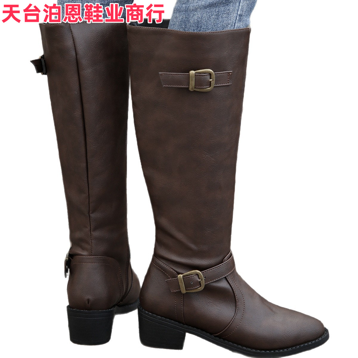 Picture of Foreign Trade Europe & America In-Stock 2025 Cross-border Round Toe Side Zipper Belt Buckle Square Heel Women's Boots Autumn/Winter New Mid-Calf Boots