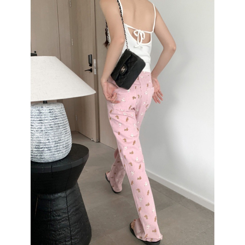 2025 Dopamine Women's Pink Bear Design Printed Jeans High Waist Covering Flesh Slimming Loose Wide Leg Straight-Leg Pants