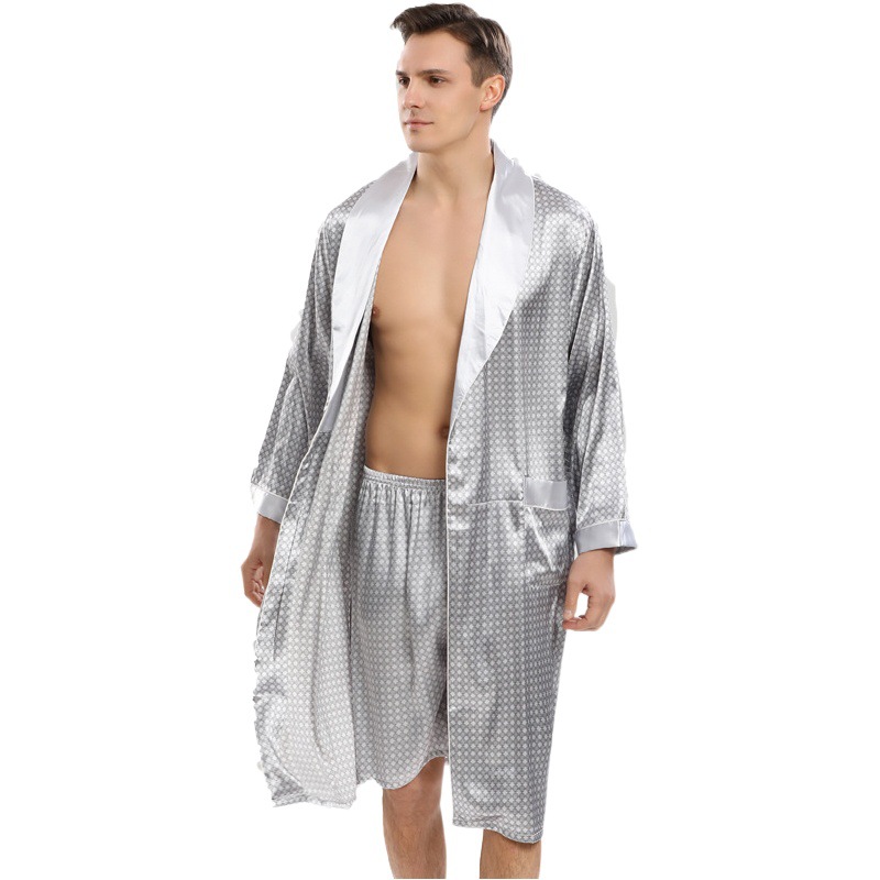 Cross-border European and American Code Spring and Autumn Gray Silk Japanese Style Home Long Pajamas Men's Silk Nightgown T810