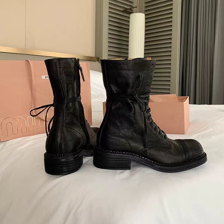 Grape Mom British Style Martin Boots Carved Brock Ankle Boots Women's Retro Round Top Side Zipper All-match Motorcycle Boots