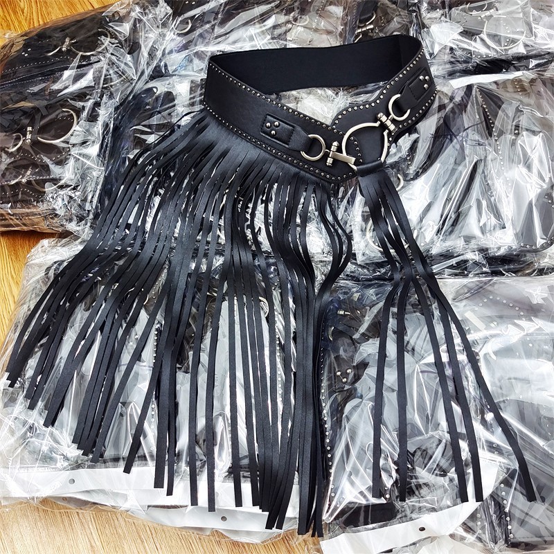 Picture of European and American punk style ultra-long fringed skirt women's waist seal fashion rivet wide belt elastic black buckle accessories