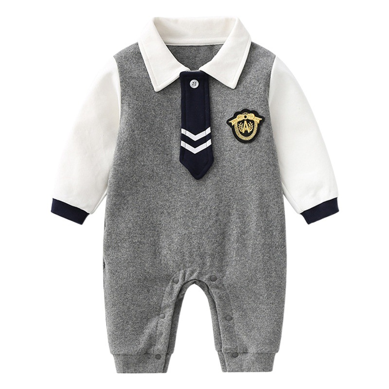Gentleman Style Baby Boy's One-Year-Old Dress Long-Sleeved Baby's One-Piece Spring Thin New-Birth Baby's Haggown Climbing Dress