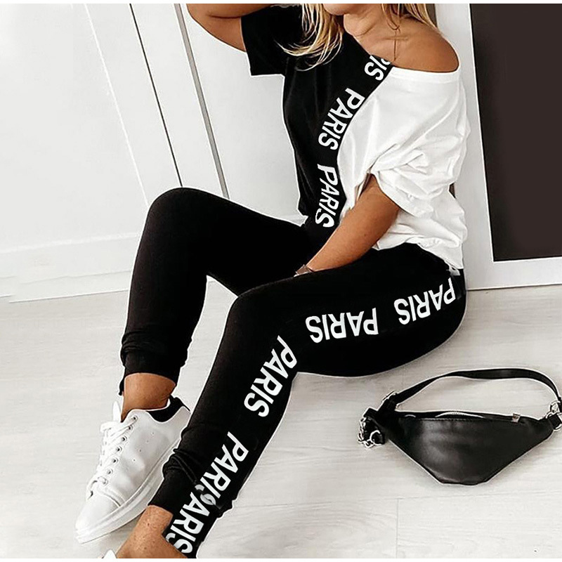 9578#2020 Summer Cross-border Europe and the United States New Women's Black and White Letters Contrast Color Printing Shoulder suit