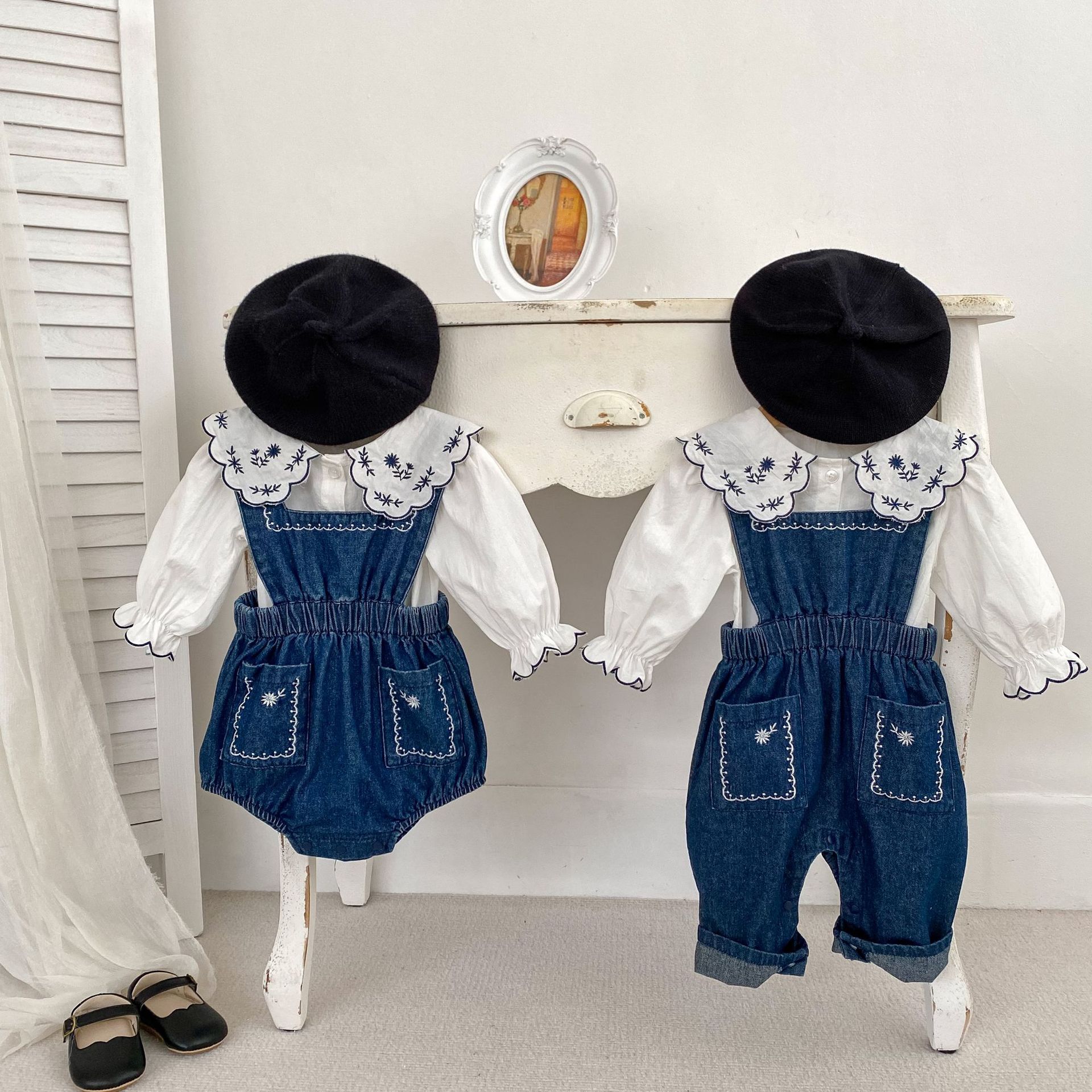 Picture of 2025 New Korean Style Baby Girl Embroidered Denim Suspender Harness Easiest for Match Outerwear Baby Jumpsuit Long Climbing Clothes