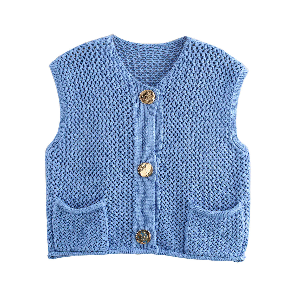 Picture of Women's Solid Color Fashion Hook Needle Hollow Single Breasted Vest 2024 Autumn and Winter New European and American Cross-border Wool Vest
