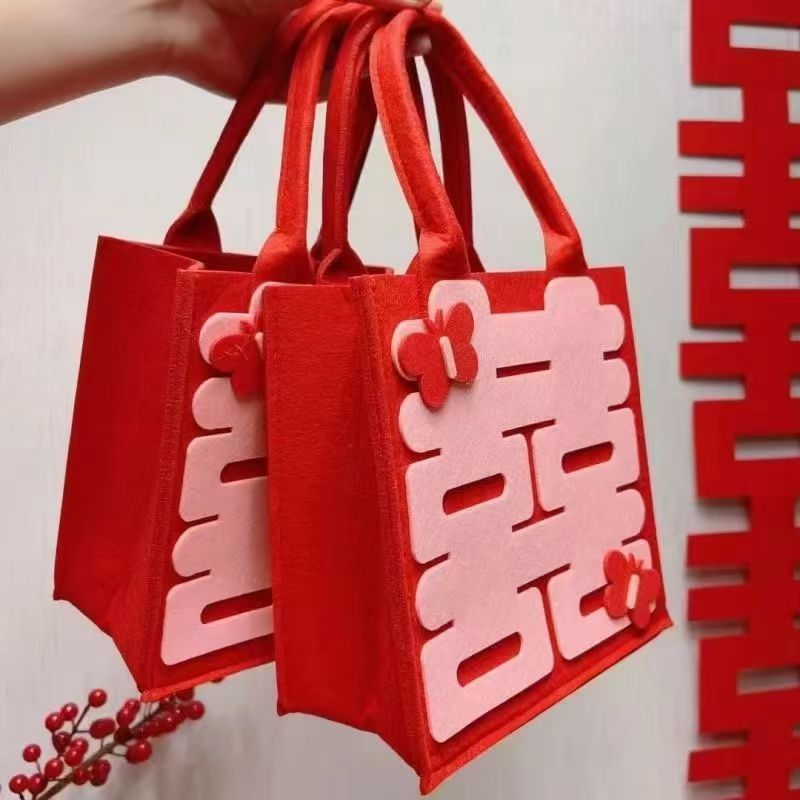 Wedding Bag, Wedding Candy Handbag, Happy Word Bride's Hand Red Gift Box Bag, Felt Gift Bag