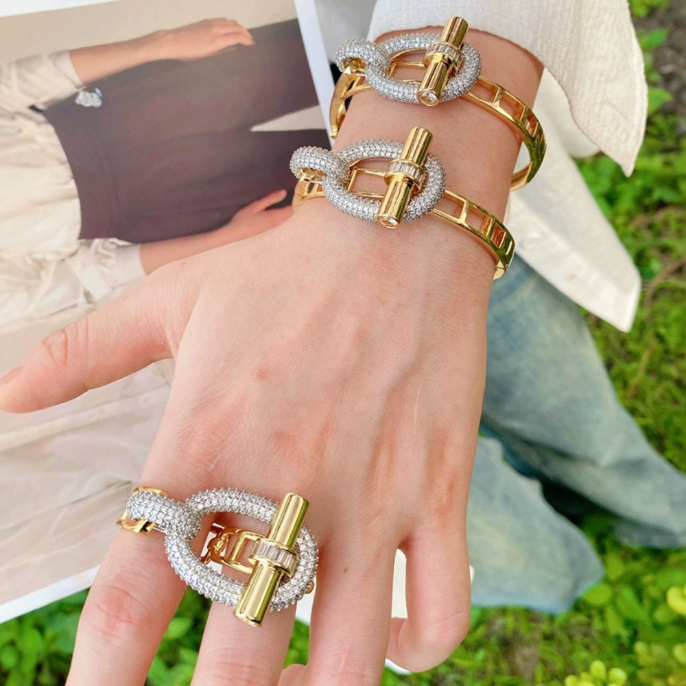 Cross-Border New Crossbar Ot Series Ring Bracelet Copper Inlaid Zircon Light Luxury Glossy Bracelet Ring Source Factory