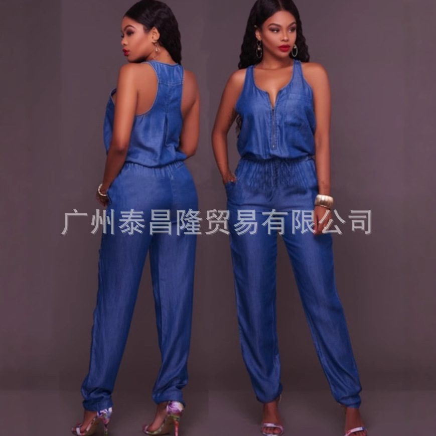 2023 Amazon European and American Fashion Slim Fit Casual Women's Shrink Waist Vest Jumpsuit Wide Leg Jeans Jumpsuit