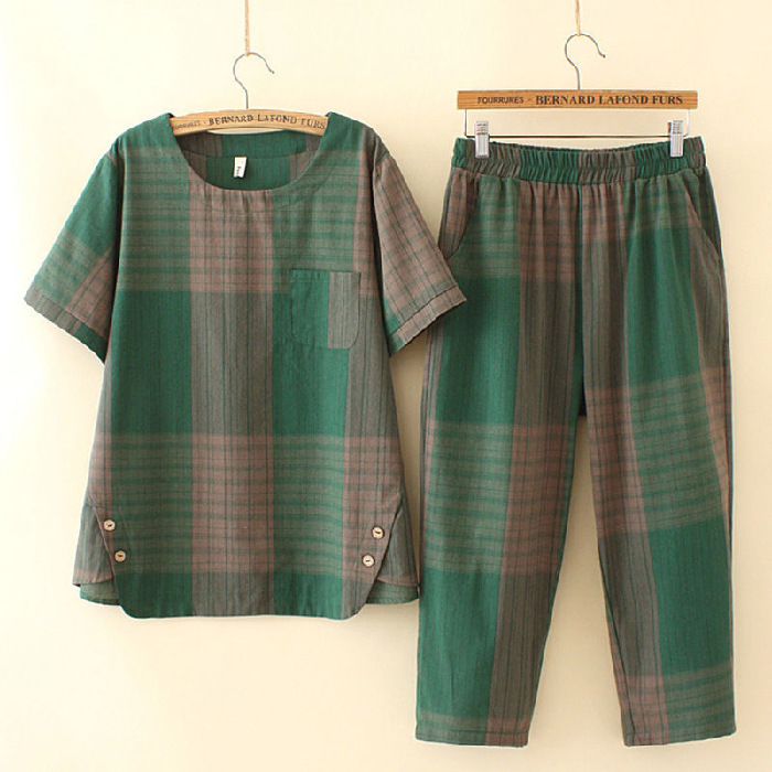 Picture of Large Size Plaid Suit Women's Summer New All-match Loose Lazy Style Casual Short-sleeved Top Wide-leg Pants Two-piece Set