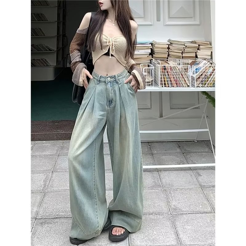 Washed Vintage Super Loose Wide-Leg Jeans Women's Autumn Pear-Shaped High-Waist Slimming Big-Leg Pants