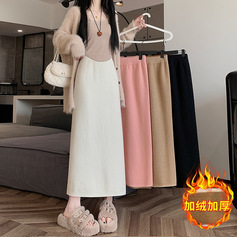 Fleece-lined thickened knitted skirt for women autumn and winter new small straight split A- line sheath dress