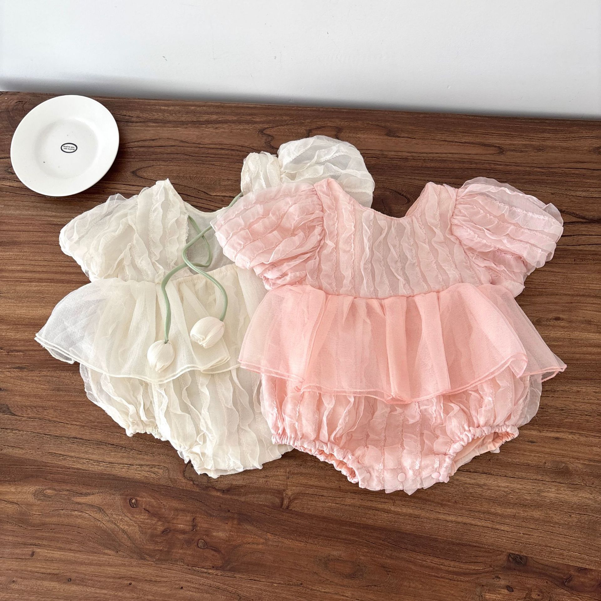 Summer New Baby Girl Sweet Puff Sleeve Short-sleeved Jumpsuit Baby Stylisse Tulip Backless Full Moon Clothes