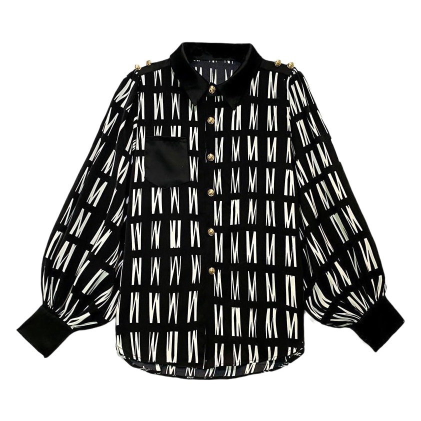 Letter print stitching shirt women's spring 2022 New loose lantern sleeve chic top women's lapel chiffon shirt