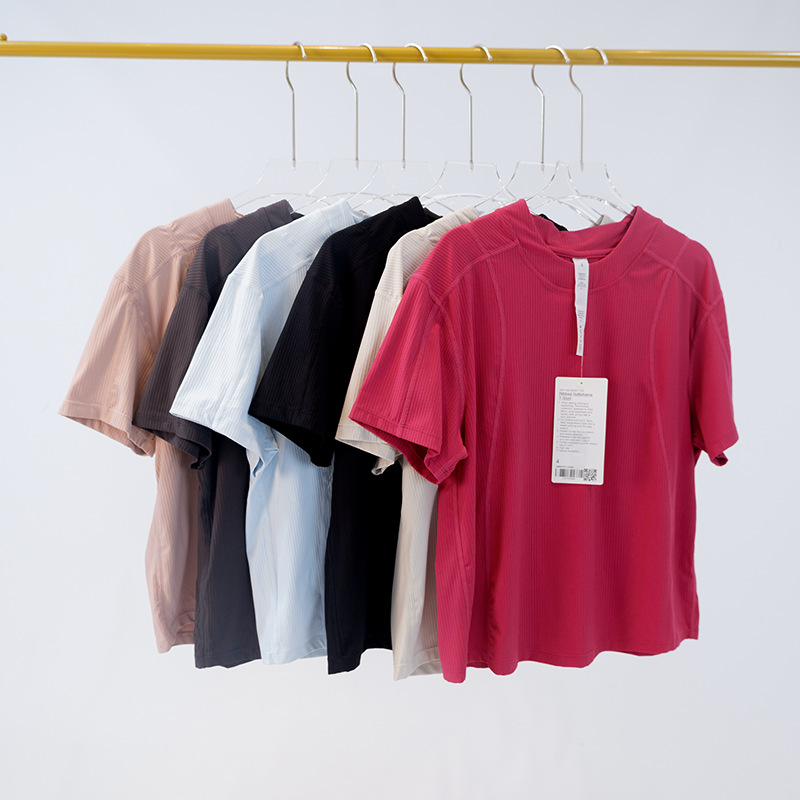 Summer New Loose Comfortable Skin-friendly Breathable Rib Short Sleeve Women's Sports Yoga Outdoor Sports Crewneck Quick Top