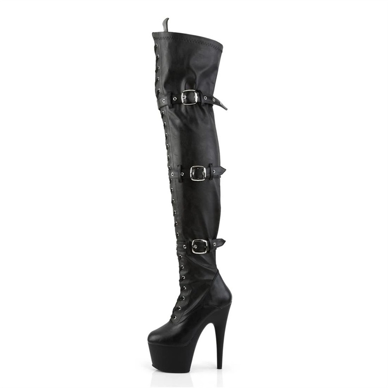 Picture of 17cm Super High Heel Boots Spring Banquet Fine Heel High Barrel Spot Fine Heel Round Head Black Solid Color High Top Fashion Boots