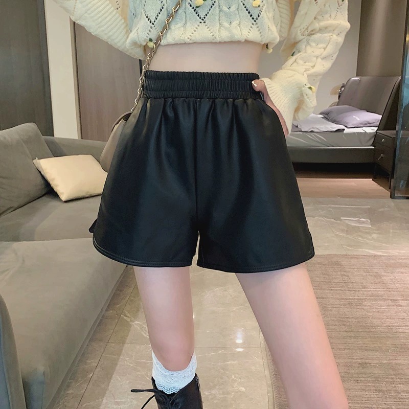 Shorts PU leather women's 2023 autumn and winter New plus size loose wide leg slimming high waist fashion outerwear bottoming boot pants