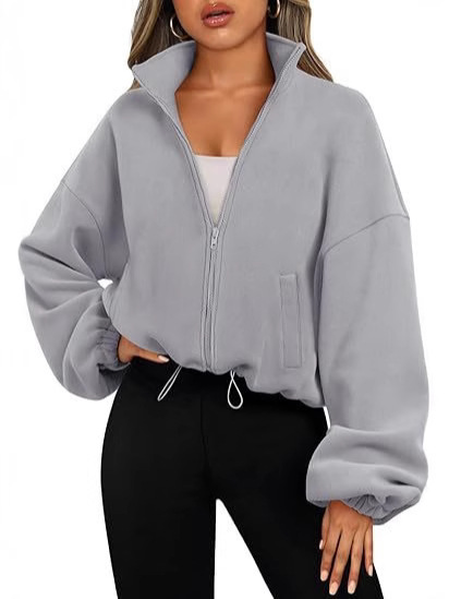 Picture of 2025 Amazon Cross-Border Short-Sleeved European and American Style Fashionable Casual Stand-Up Collar Long-Sleeved Zipper Drawstring Warm Cardigan