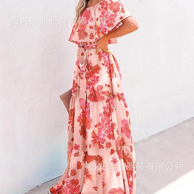 Cross-border new printed waist pink chest chiffon temperament commuter dress dress a generation of hair