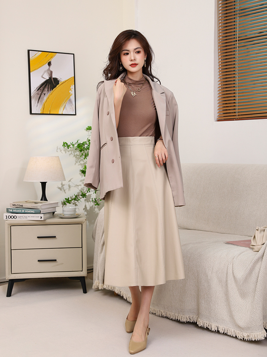 Picture of Autumn and Winter High-End Elegant High-Waisted Leather Skirt for Women, Mid-Length Pu Protein Leather High-End Large Hem A-Line Skirt