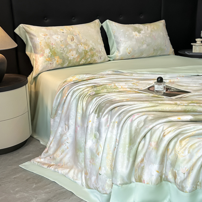 Picture of Super Cool Lenzing Tencel Summer Cool Quilt Four-Piece Set A-Type Pink Floral Ice Silk Air-Conditioned Quilt Thin Quilt Machine Washable 4