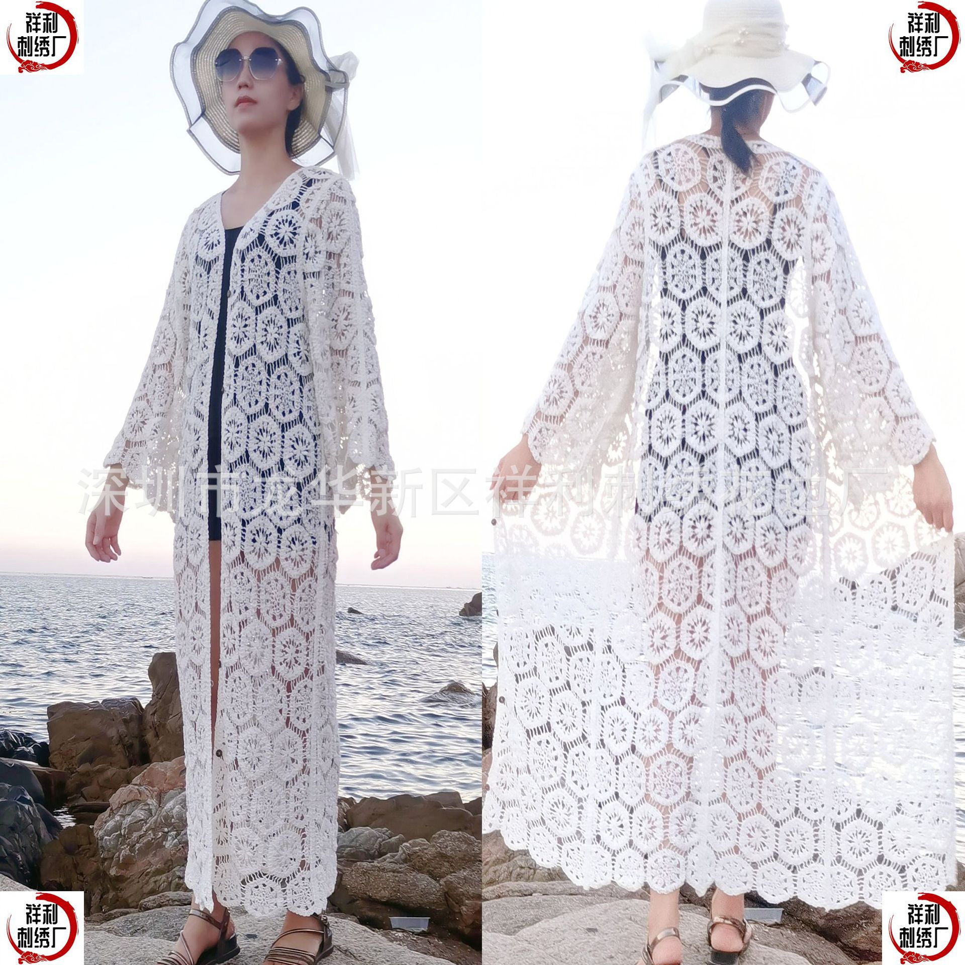 Picture of European and American style women's knitted vest long-sleeved cardigan dress shawl women's heavy work crocheted hollow retro long beach shirt