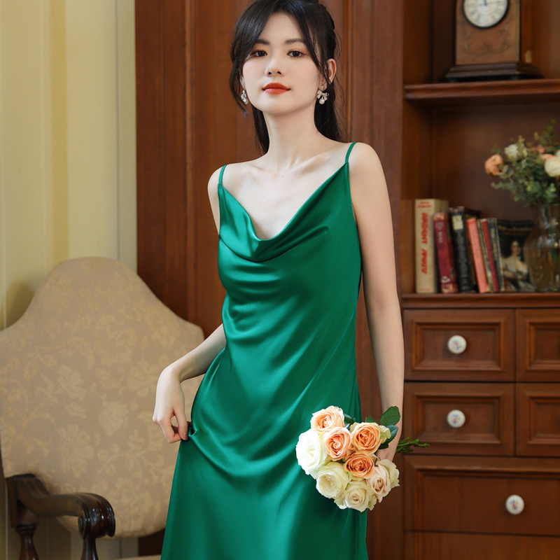 Sling Nightgown Women's Summer Silk Sexy Palace Style Home Clothes Comfortable Ice Silk Pajamas Elegant Long Sling Skirt