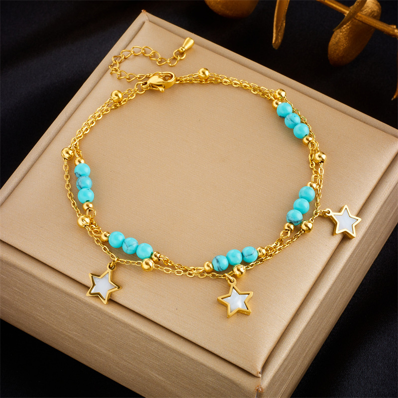 Picture of Fashion niche design simple high-end retro double-layer stacked Pearl Love Diamond five-pointed star pendant anklet