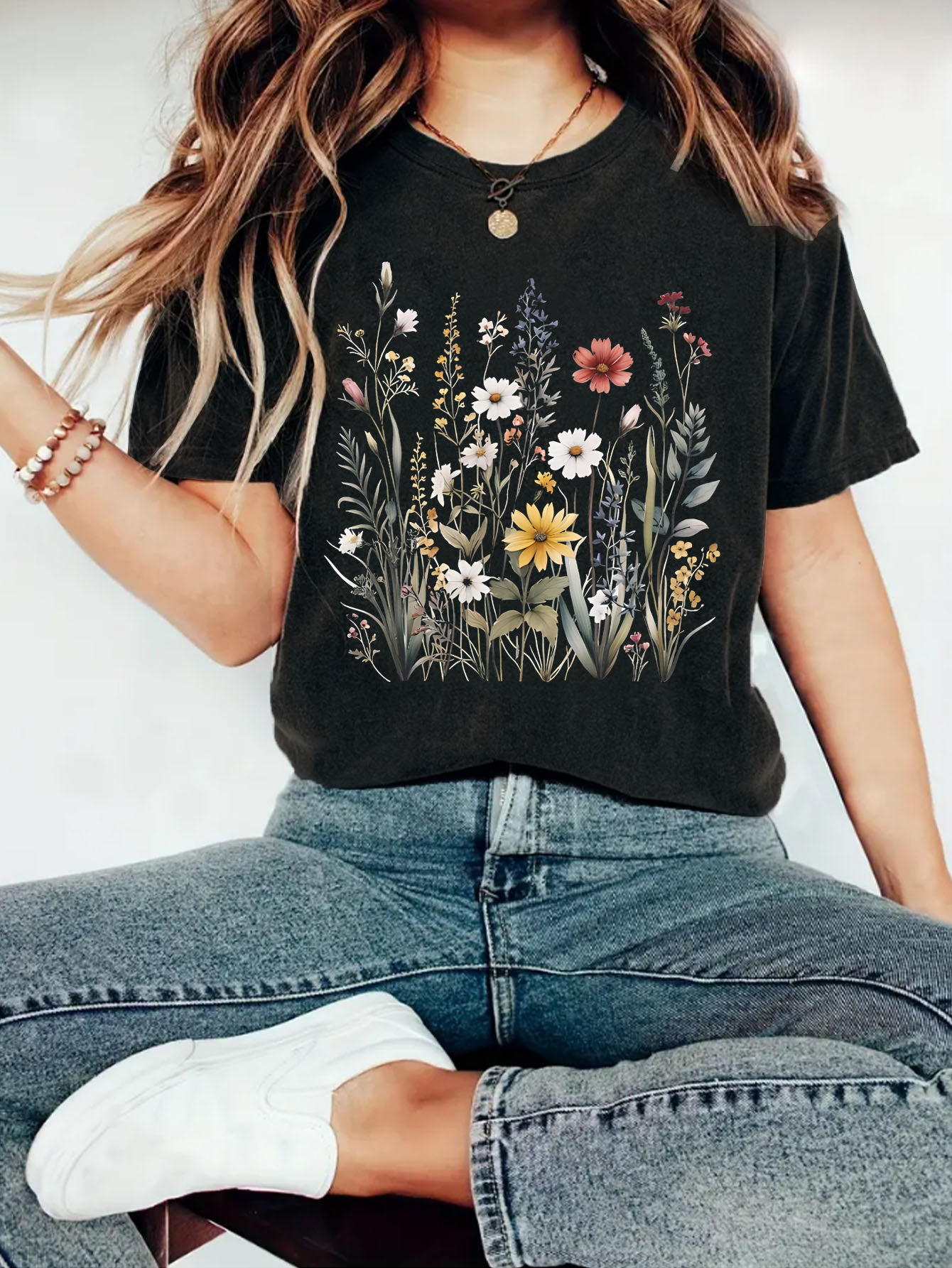 Picture of Amazon Europe and the United States summer women's plant flower pattern printing round neck short sleeve casual fashion foreign trade explosion T-shirt