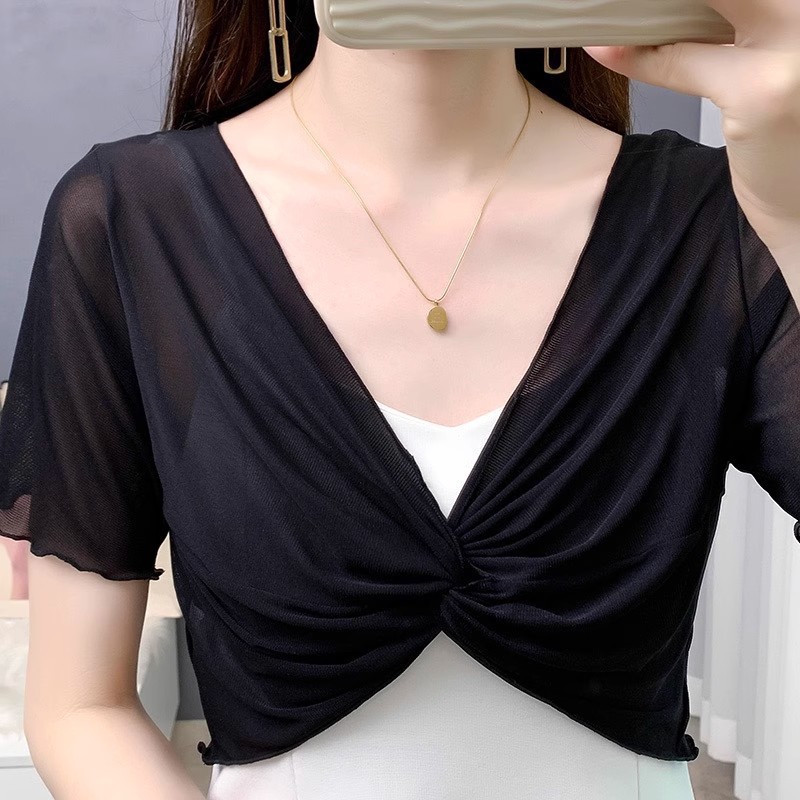 Picture of Summer Lace Mesh Small Shawl Sun Protection Clothing Women's Sling Skirt Short-sleeved Jacket Thin Ice Silk Small Waistcoat Cardigan