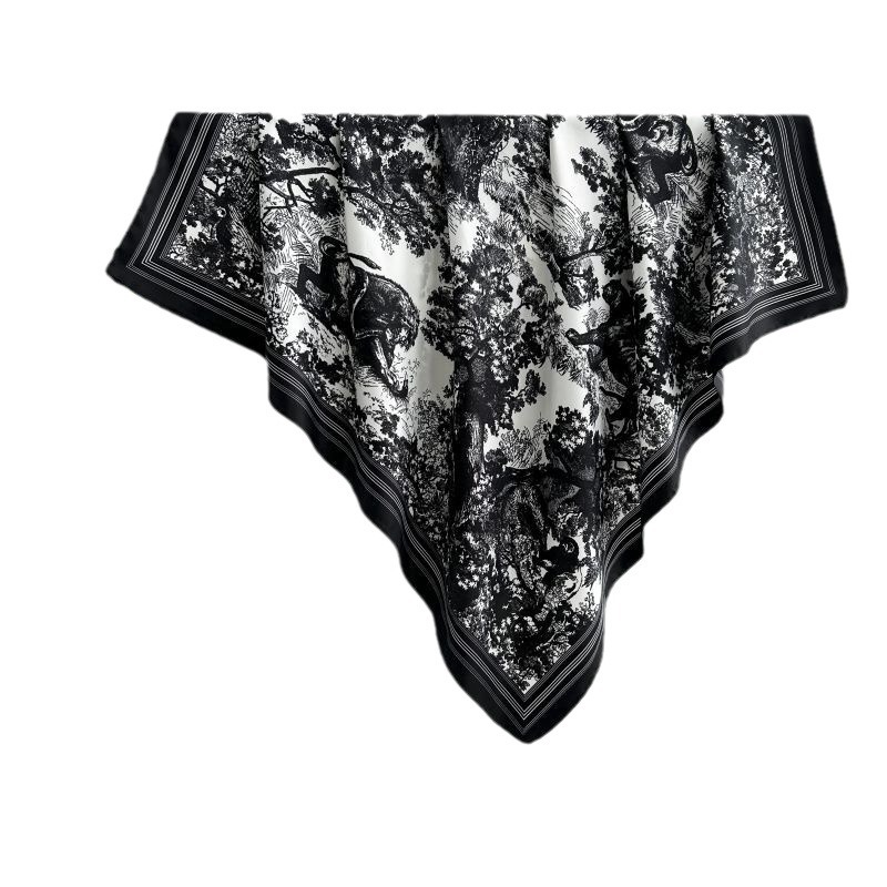 Picture of Autumn and winter all-match shawl animal printed black and white simple large square 90*90CM imitation silk twill silk scarf for women
