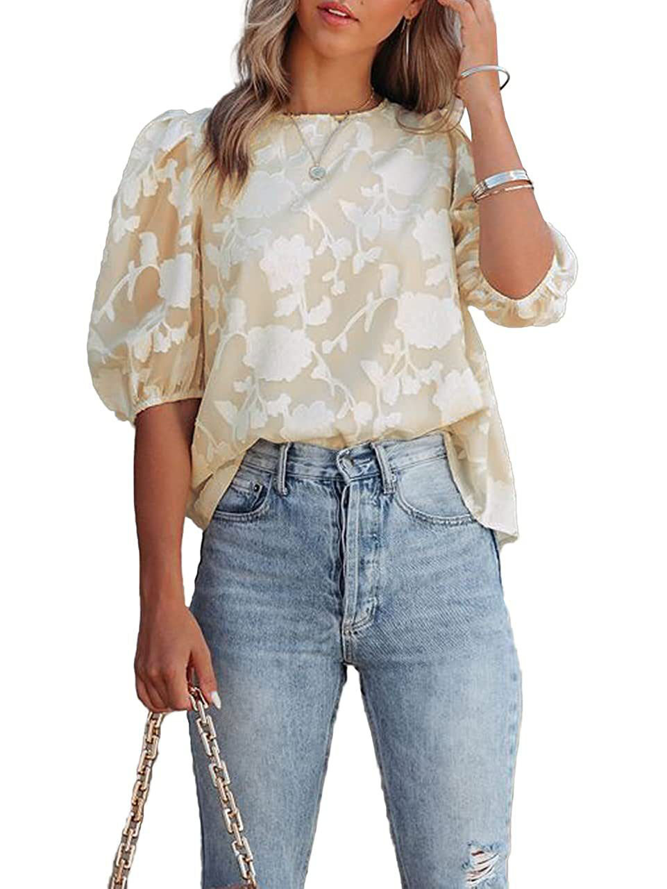 Cross-border Women's Top Chiffon Cover Lit Craft Jacquard Flower Bubble Short Sleeve Fashionable Round Neck Loose Top