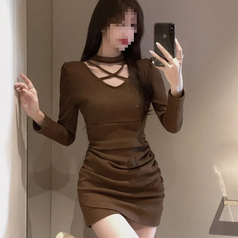 Heart-fitting Long-sleeved Slim-fit Sexy Pleated dress Women's 2023 New Slim-fit All-match Elegant Hip Skirt