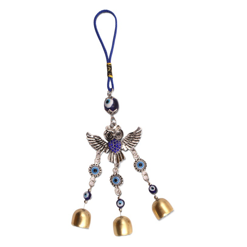 Picture of Alloy Spread-Winged Owl Blue Diamond Copper-Colored Bell Blue Pendant Evil Eye Car Hanging Ornament