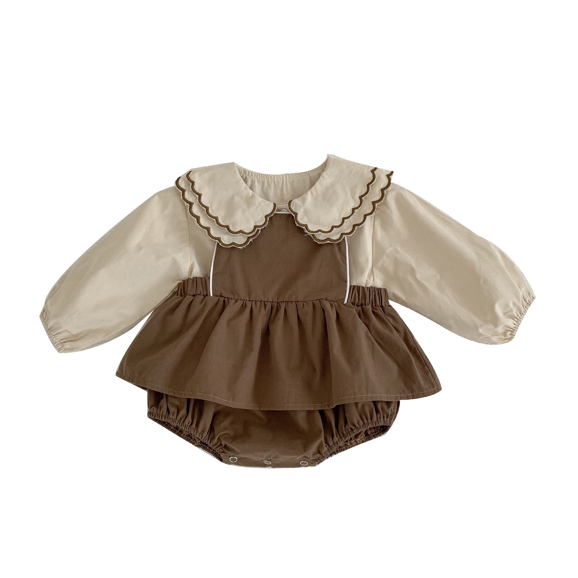 Picture of 2025 New Fashionable Baby Girl Sling Romper Bag Fart Clothes Baby Dress + Doll Collar Shirt Two-Piece Set