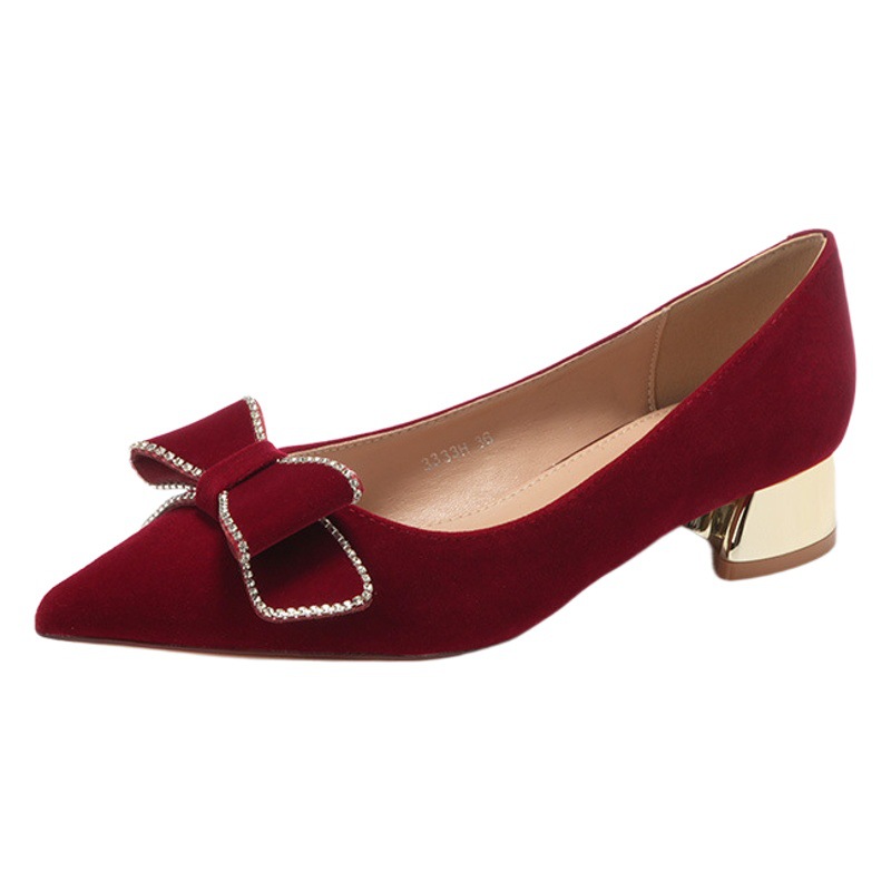 3333H-058 low heel pointed suede bow festive wedding shoes banquet shoes comfortable red high heels