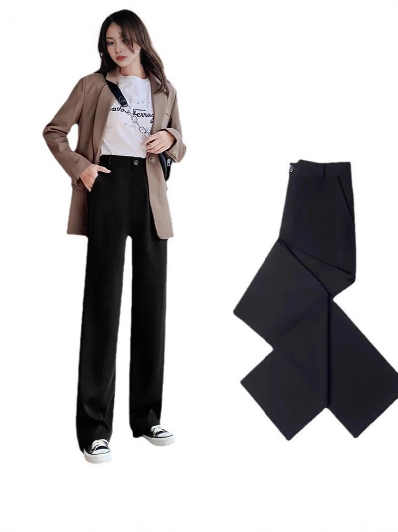 Picture of Fashionable Wide-Leg Pants for Women, Summer Thin Drape Straight-Leg Dress Pants, Petite Autumn Long Pants, Black Suit Pants