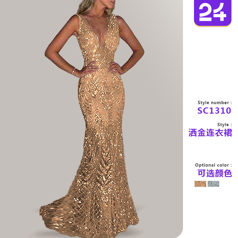 2025 Spring and Summer Cross-border New European and American Women's Clothing Amazon dress Sleeveless V-Neck Dress Gold Perspective Dress